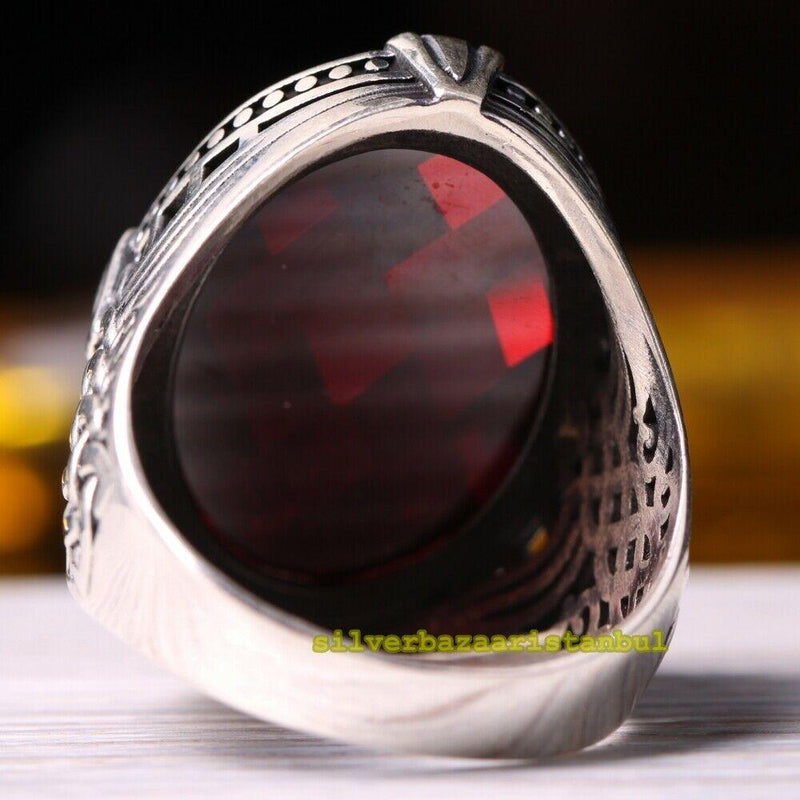 Turkish 925 Sterling Silver Big Red Ruby Stone Mens Ring silverbazaaristanbul 