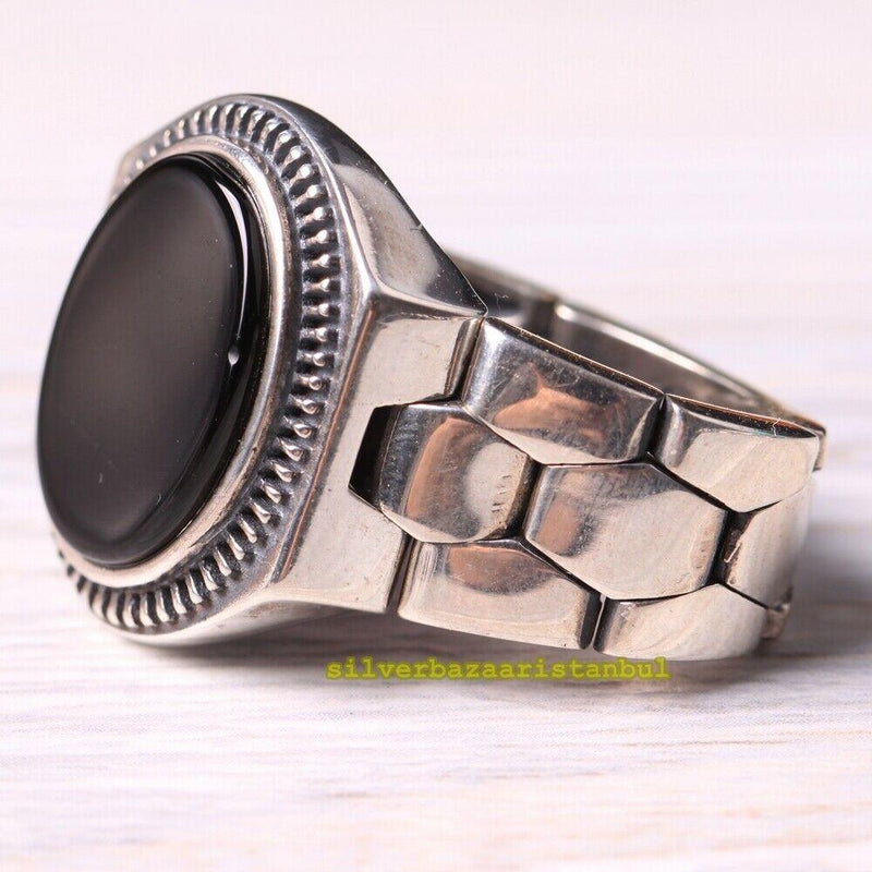 Turkish 925 Sterling Silver Clock Design Black Onyx Stone Mens Ring silverbazaaristanbul 