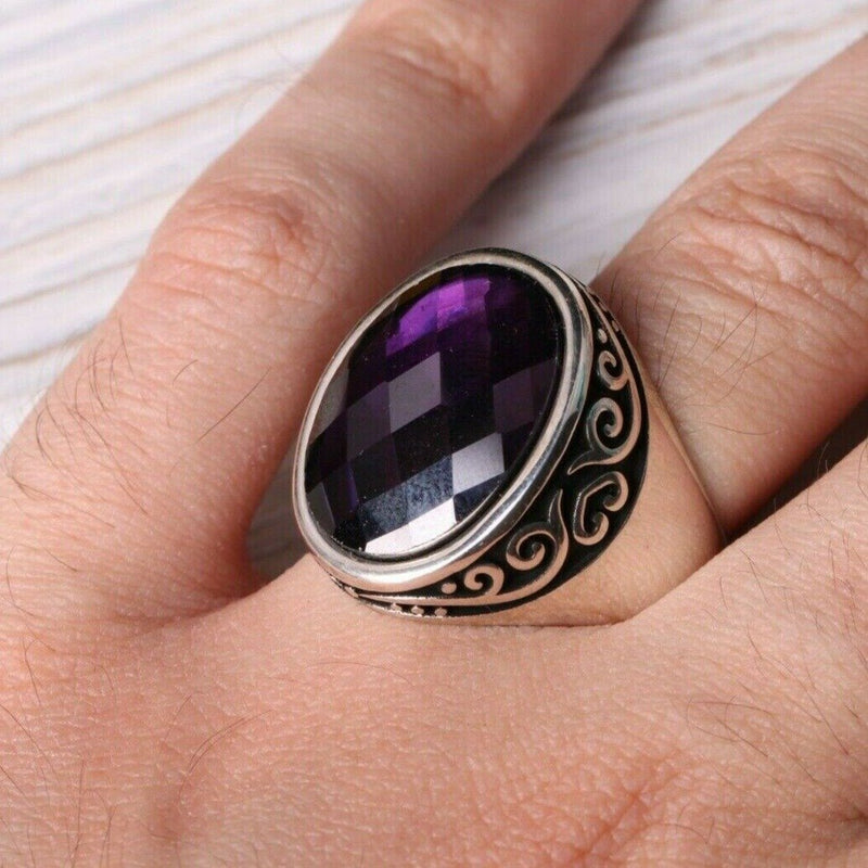 Turkish 925 Sterling Silver Facet Amethyst Stone Mens Ring silverbazaaristanbul 