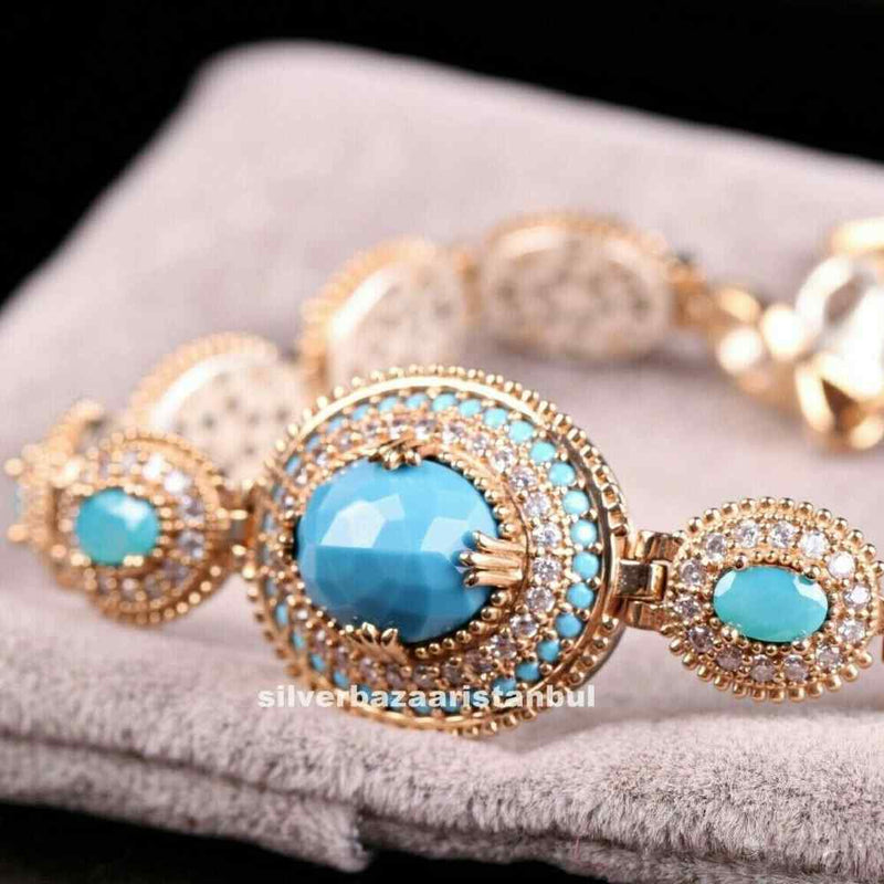 Turkish 925 Sterling Silver Oval Turquoise Stone Lady Women Bracelet silverbazaaristanbul 