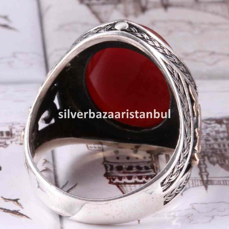 Turkish 925 Sterling Silver Red Agate Aqeeq Stone Mens Solid Ring silverbazaaristanbul 