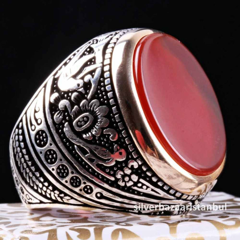Turkish 925 Sterling Silver Red Agate Aqeeq Stone Mens Solid Ring silverbazaaristanbul 