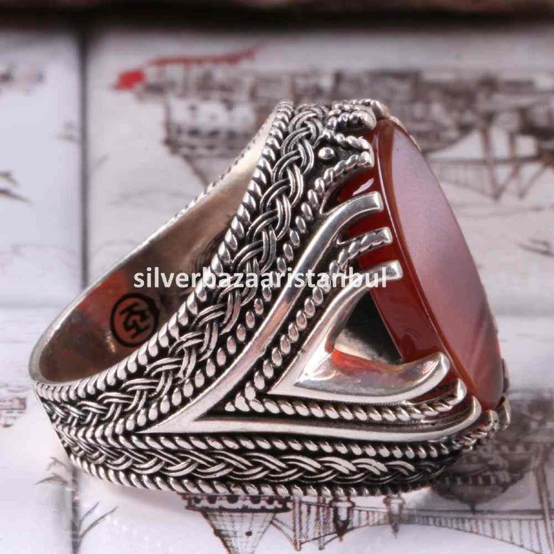 Turkish 925 Sterling Silver Red Agate Aqeeq Stone Mens Solid Ring silverbazaaristanbul 