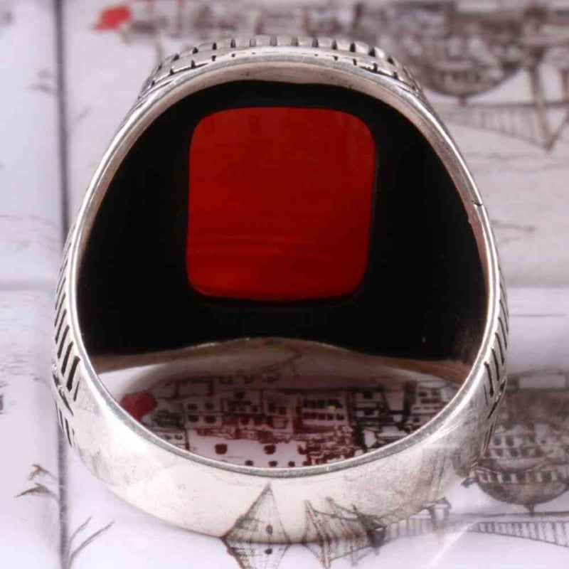 Turkish 925 Sterling Silver Red Agate Aqeeq Stone Mens Solid Ring silverbazaaristanbul 