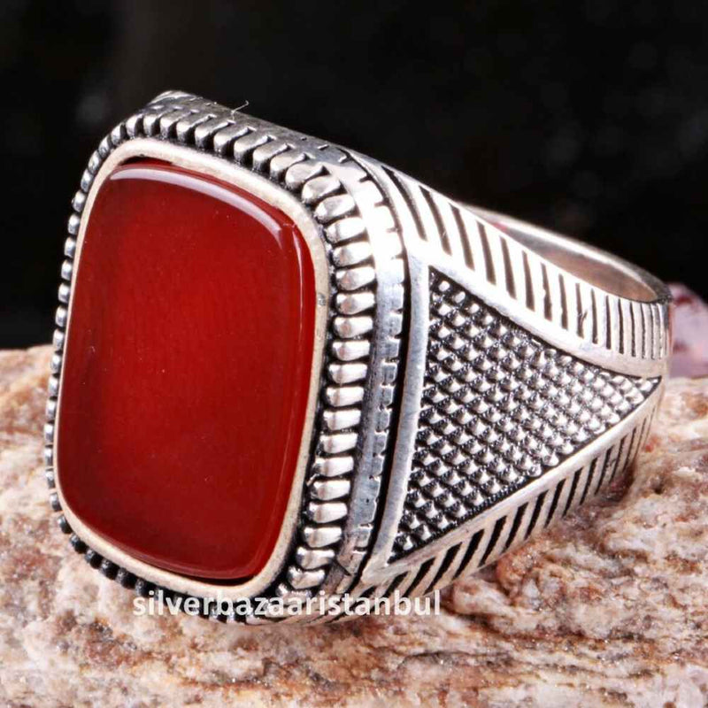 Turkish 925 Sterling Silver Red Agate Aqeeq Stone Mens Solid Ring silverbazaaristanbul 