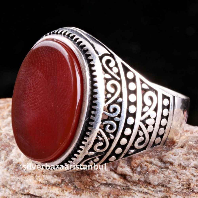 Turkish 925 Sterling Silver Red Agate Aqeeq Stone Mens Solid Ring silverbazaaristanbul 