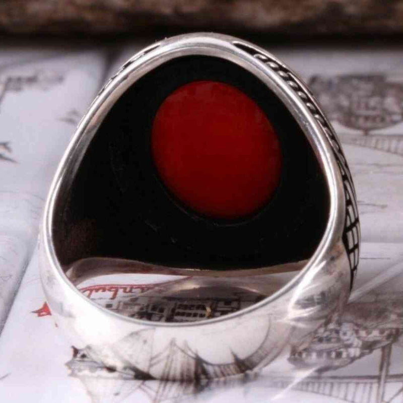 Turkish 925 Sterling Silver Red Agate Aqeeq Stone Mens Solid Ring silverbazaaristanbul 