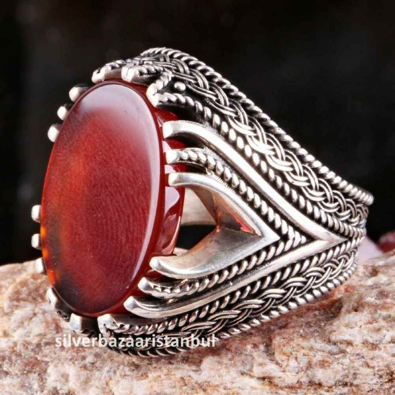 Turkish 925 Sterling Silver Red Agate Aqeeq Stone Mens Solid Ring silverbazaaristanbul 