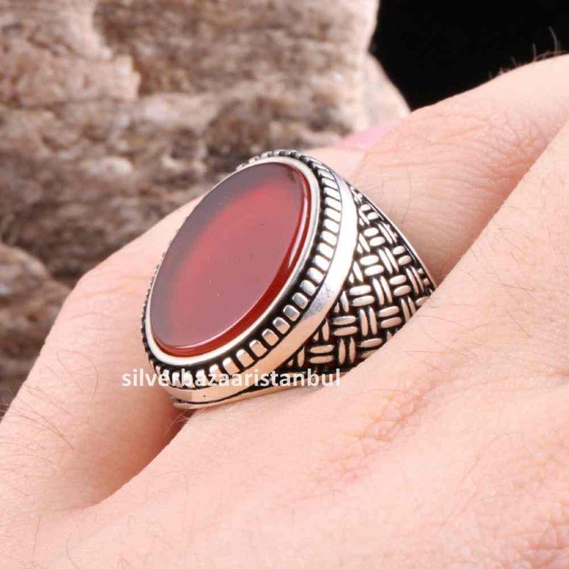 Turkish 925 Sterling Silver Red Agate Aqeeq Stone Mens Solid Ring silverbazaaristanbul 