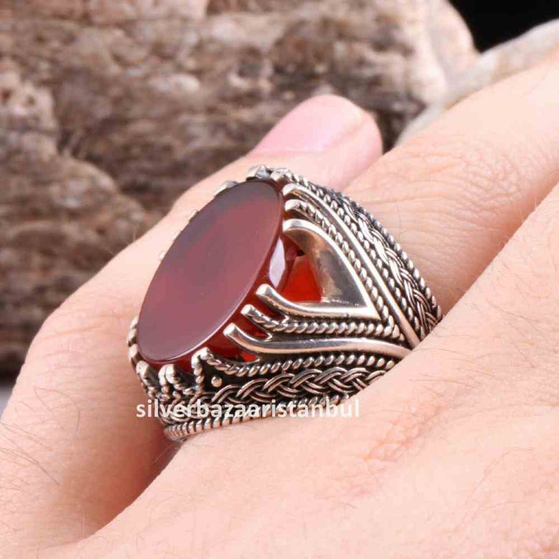 Turkish 925 Sterling Silver Red Agate Aqeeq Stone Mens Solid Ring silverbazaaristanbul 