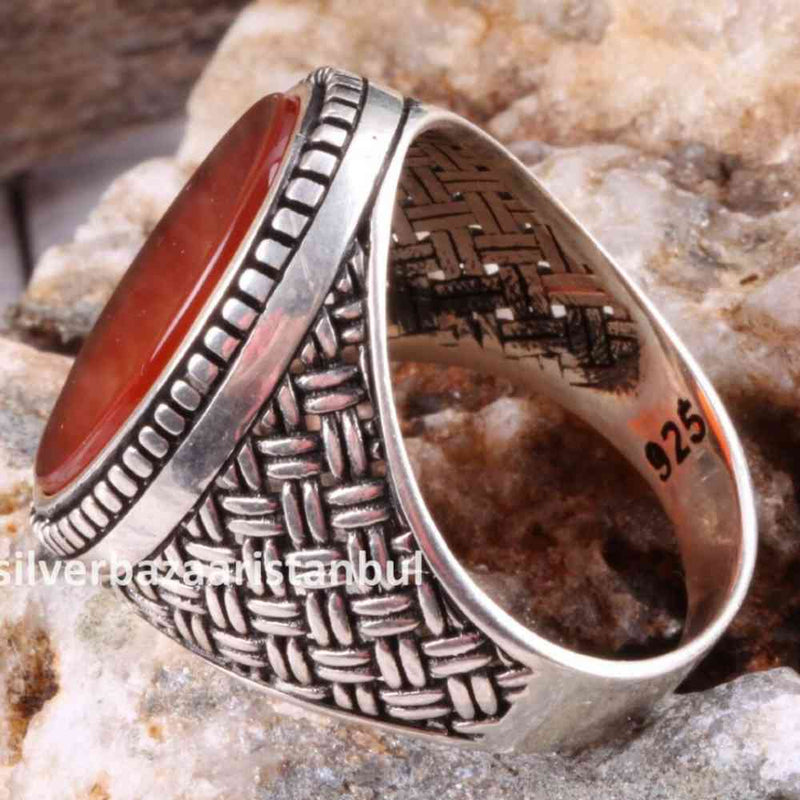 Turkish 925 Sterling Silver Red Agate Aqeeq Stone Mens Solid Ring silverbazaaristanbul 
