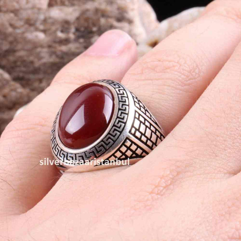 Turkish 925 Sterling Silver Red Agate Aqeeq Stone Mens Solid Ring silverbazaaristanbul 