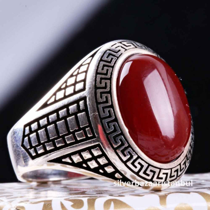Turkish 925 Sterling Silver Red Agate Aqeeq Stone Mens Solid Ring silverbazaaristanbul 
