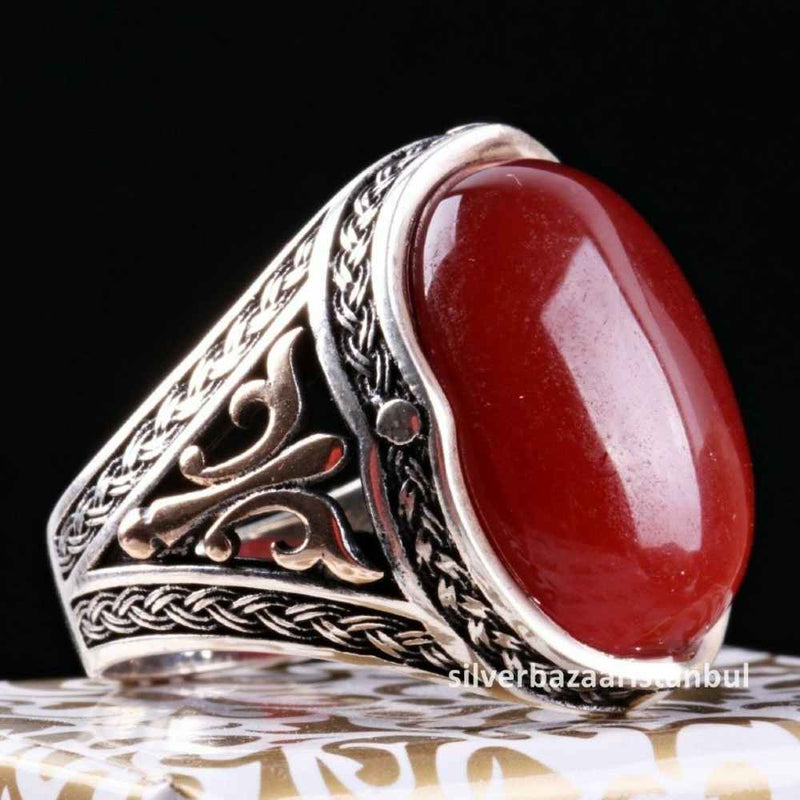 Turkish 925 Sterling Silver Red Agate Aqeeq Stone Mens Solid Ring silverbazaaristanbul 