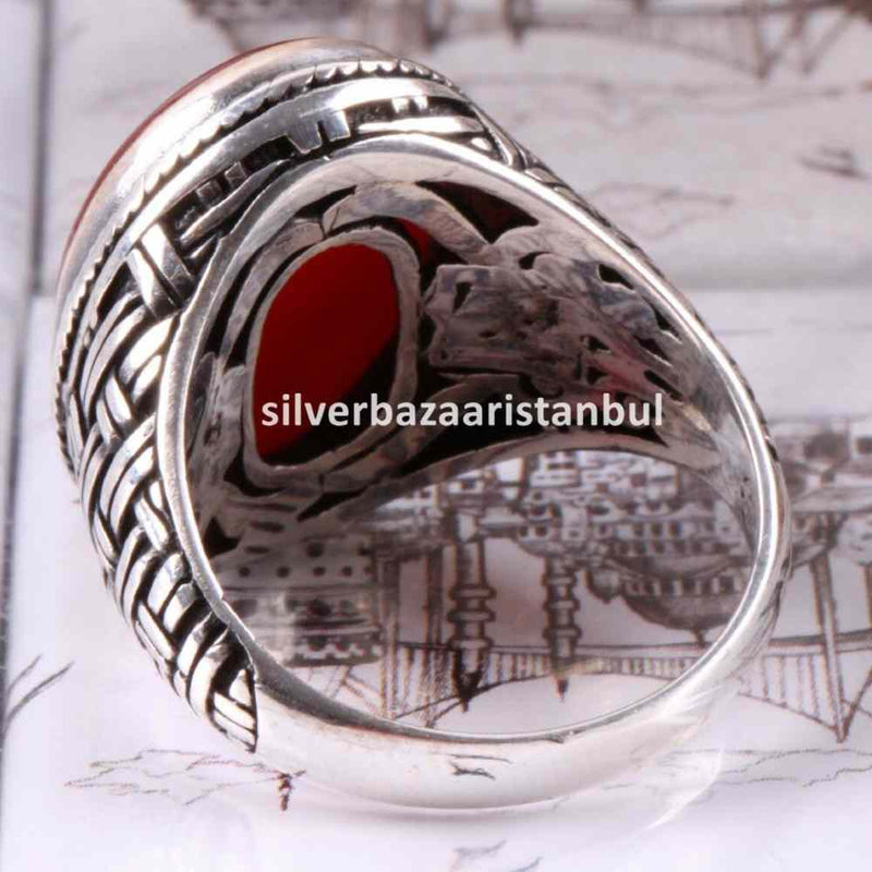 Turkish 925 Sterling Silver Red Agate Aqeeq Stone Mens Solid Ring silverbazaaristanbul 