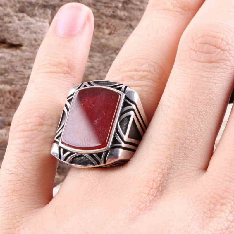 Turkish 925 Sterling Silver Red Agate Aqeeq Stone Mens Solid Ring silverbazaaristanbul 