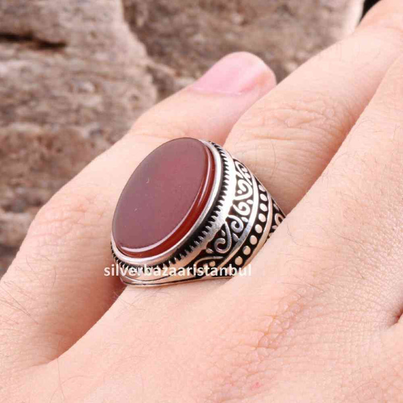 Turkish 925 Sterling Silver Red Agate Aqeeq Stone Mens Solid Ring silverbazaaristanbul 