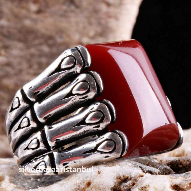 Turkish 925 Sterling Silver Red Agate Aqeeq Stone Mens Solid Ring silverbazaaristanbul 
