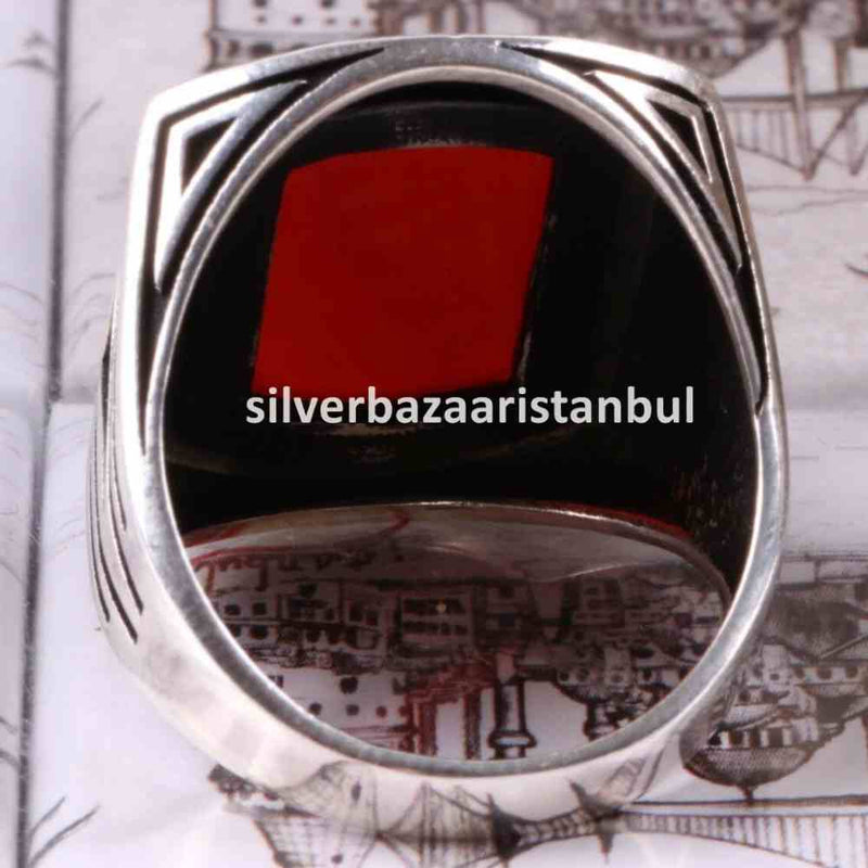 Turkish 925 Sterling Silver Red Agate Aqeeq Stone Mens Solid Ring silverbazaaristanbul 