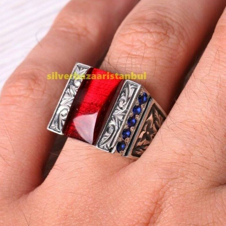 Turkish 925 Sterling Silver Ruby and Sapphire Best Mens Ring silverbazaaristanbul 