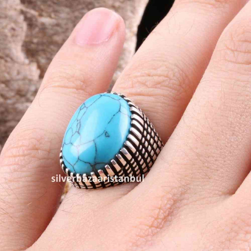 Turkish 925 Sterling Silver Solid Turquoise Blue Stone Mens Ring silverbazaaristanbul 