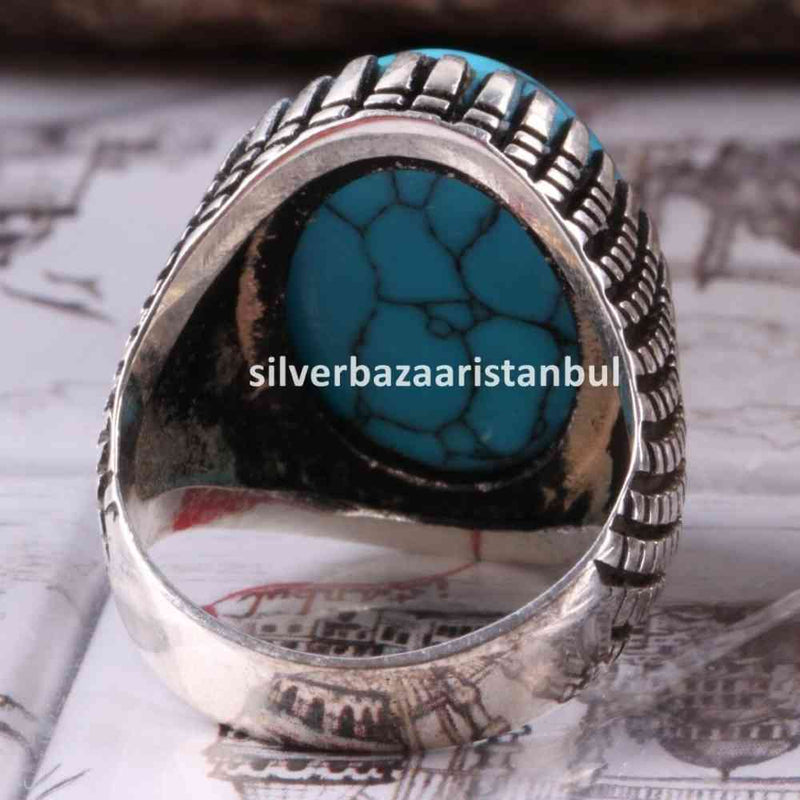 Turkish 925 Sterling Silver Solid Turquoise Blue Stone Mens Ring silverbazaaristanbul 