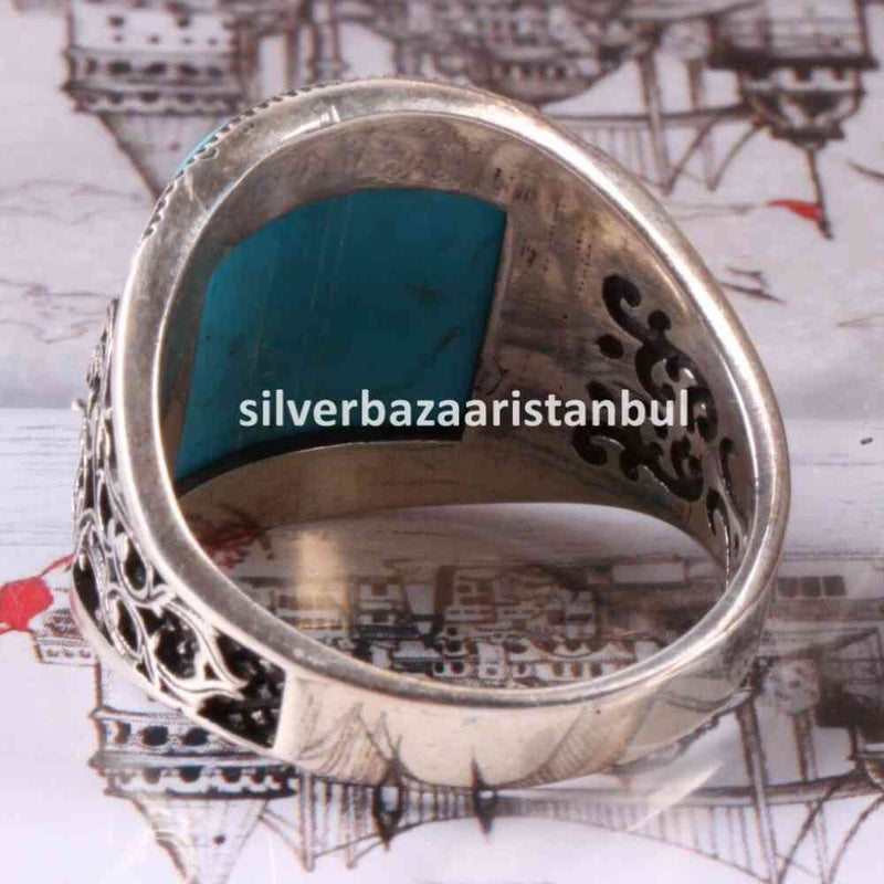 Turkish 925 Sterling Silver Solid Turquoise Blue Stone Mens Ring silverbazaaristanbul 