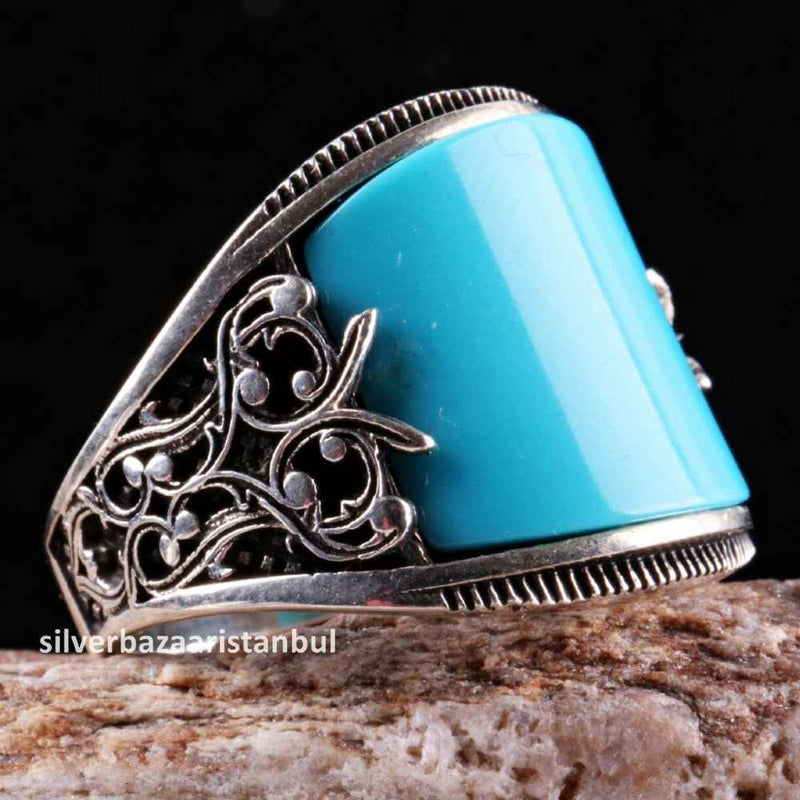 Turkish 925 Sterling Silver Solid Turquoise Blue Stone Mens Ring silverbazaaristanbul 