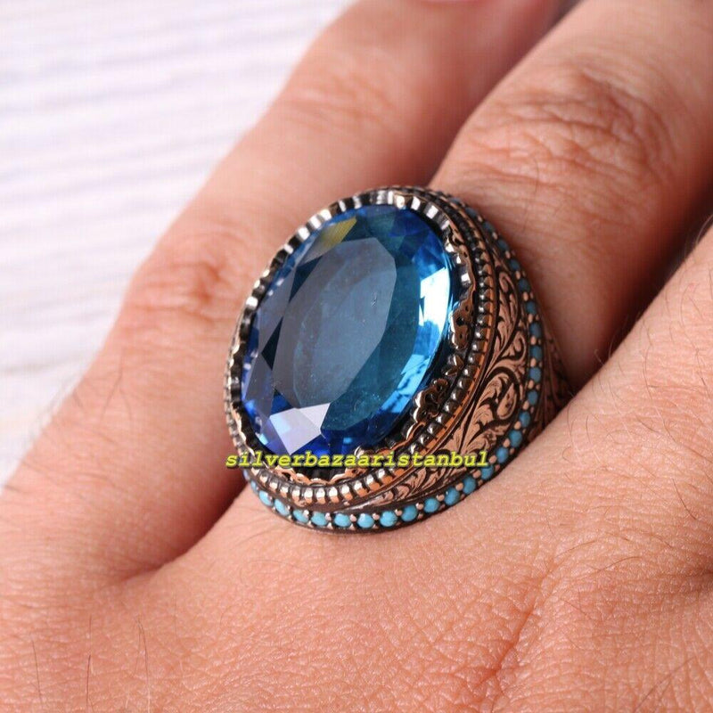 Turkish 925 Sterling Silver Turquoise and Aquamarine Stone Mens Ring silverbazaaristanbul 