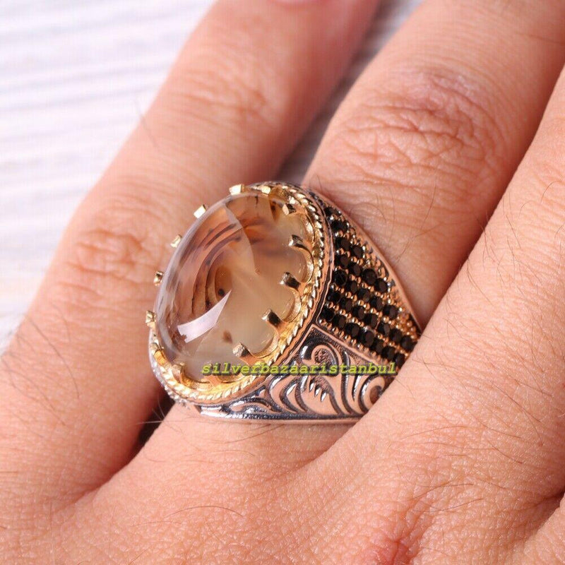 Turkish 925 Sterling Silver Yemeni Agate Aqeeq Original Mens Ring