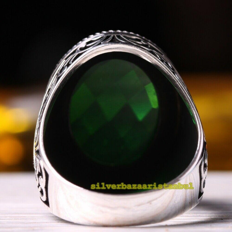 Turkish Handmade 925 Sterling Silver Faceted Emerald Mens Ring silverbazaaristanbul 