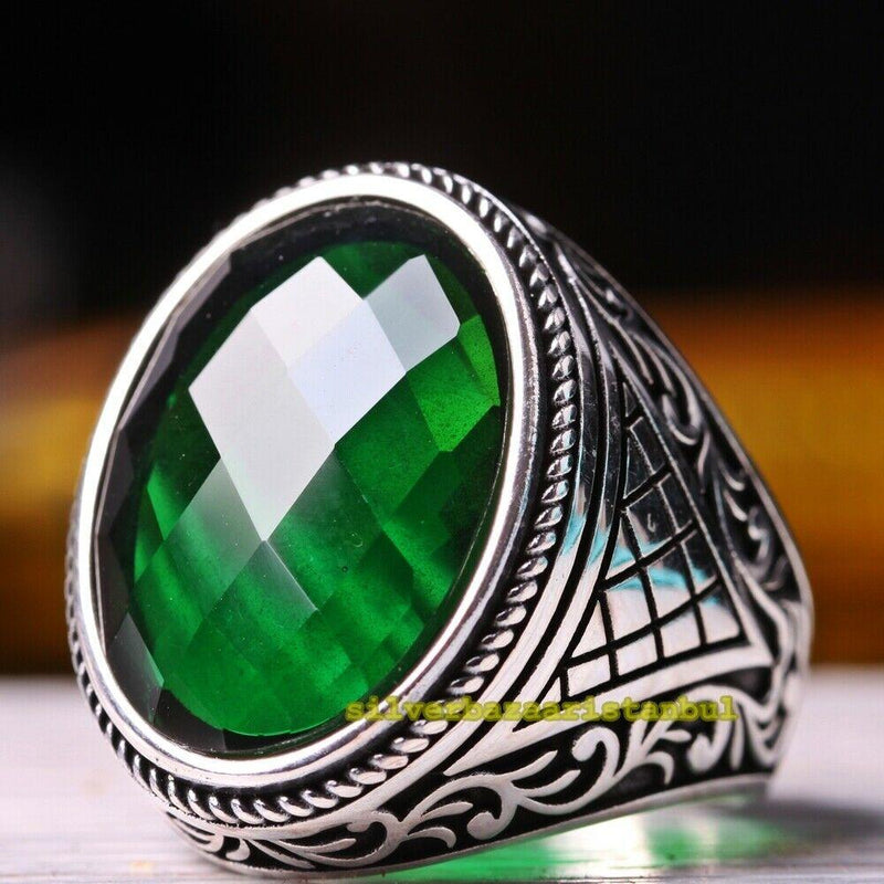 Turkish Handmade 925 Sterling Silver Faceted Emerald Mens Ring silverbazaaristanbul 