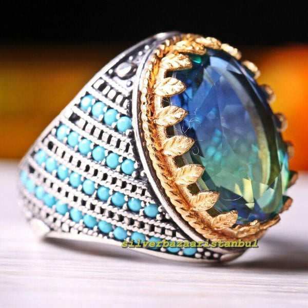 Turkish Handmade Jewelry 925K Sterling Silver Green Emerald Stone Men's ring . e