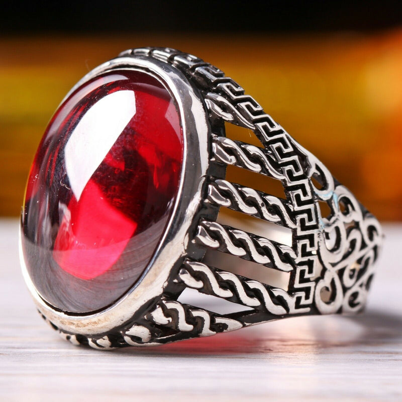 Turkish Handmade 925 Sterling Silver Oval Heavy Ruby Stone Mens Ring silverbazaaristanbul 