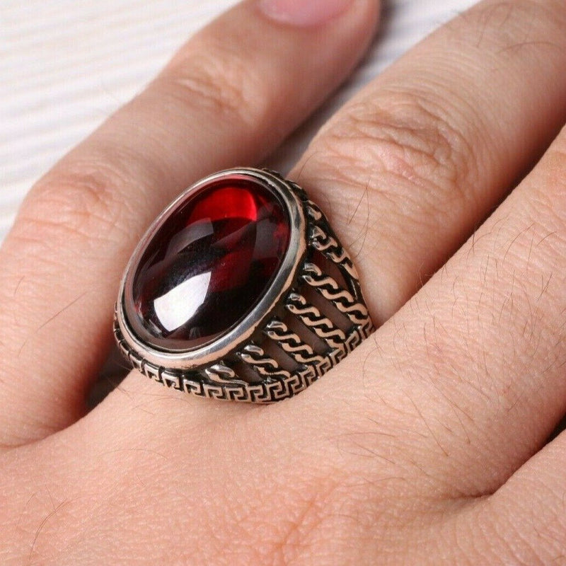 Turkish Handmade 925 Sterling Silver Oval Heavy Ruby Stone Mens Ring silverbazaaristanbul 