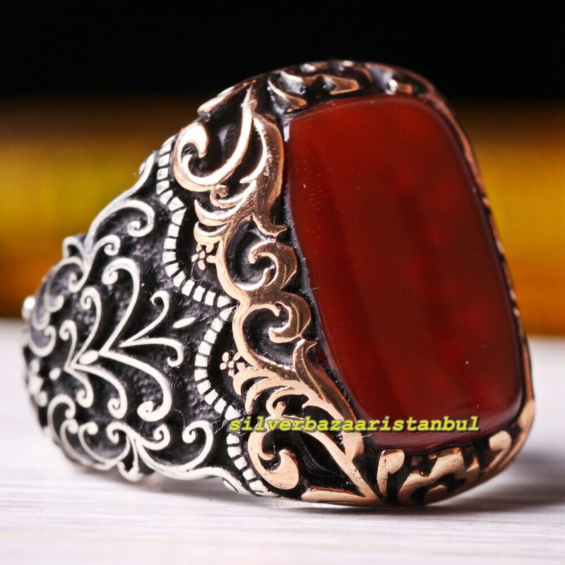 Turkish Handmade 925 Sterling Silver Red Agate Aqeeq Stone Mens Ring silverbazaaristanbul 