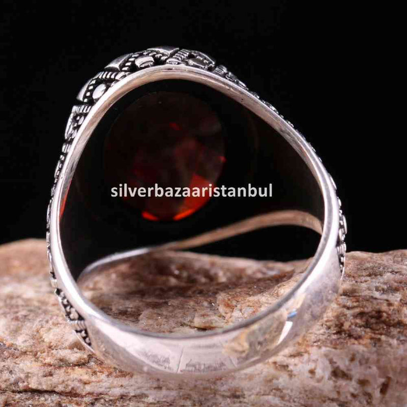 Turkish Handmade 925 Sterling Silver Red Ruby Stone Mens Ring silverbazaaristanbul 