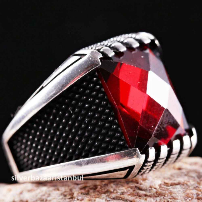 Turkish Handmade 925 Sterling Silver Red Ruby Stone Mens Ring silverbazaaristanbul 