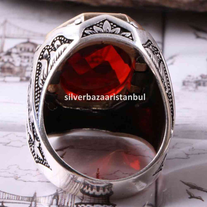 Turkish Handmade 925 Sterling Silver Red Ruby Stone Mens Ring silverbazaaristanbul 