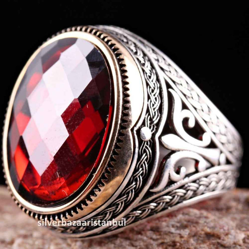 Turkish Handmade 925 Sterling Silver Red Ruby Stone Mens Ring silverbazaaristanbul 