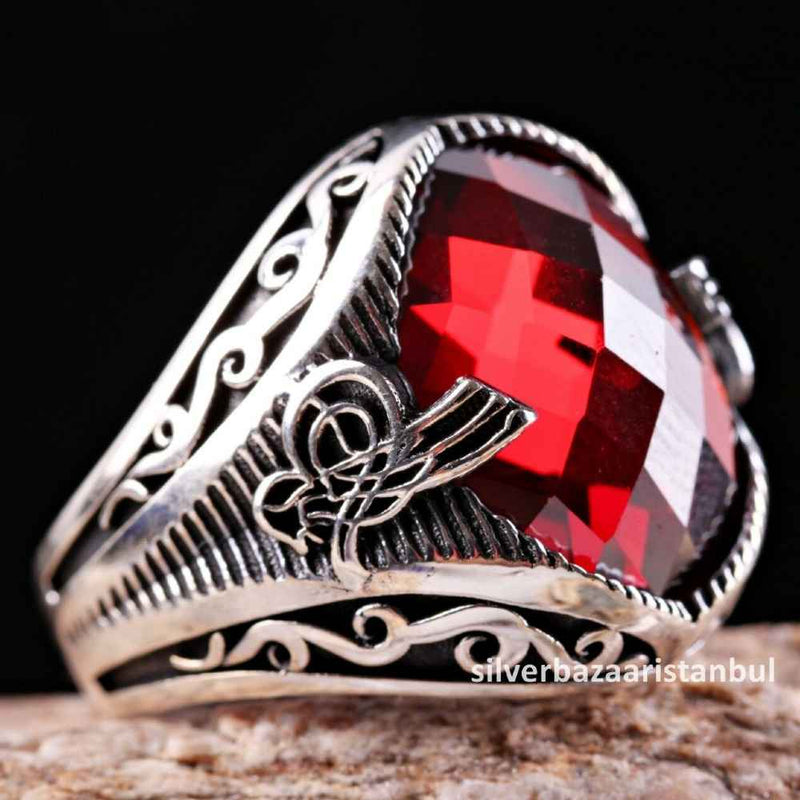 Turkish Handmade 925 Sterling Silver Red Ruby Stone Mens Ring silverbazaaristanbul 