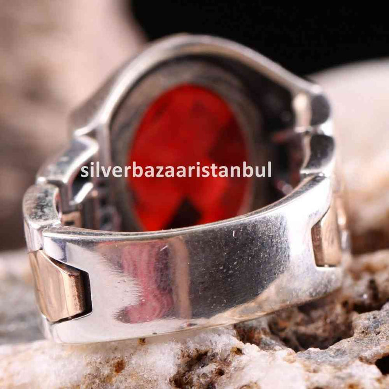 Turkish Handmade 925 Sterling Silver Red Ruby Stone Mens Ring silverbazaaristanbul 