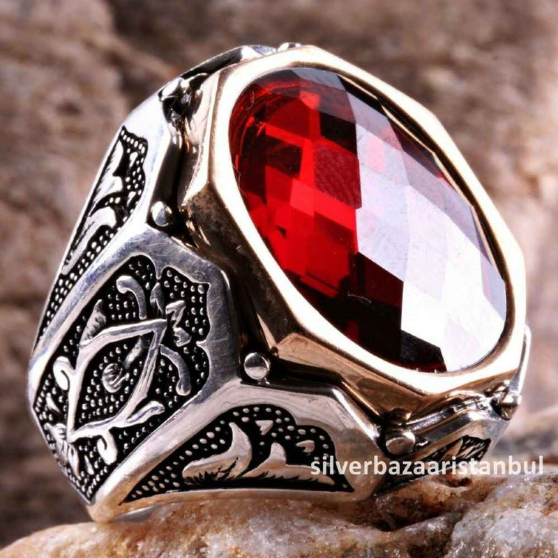 Turkish Handmade 925 Sterling Silver Red Ruby Stone Mens Ring silverbazaaristanbul 