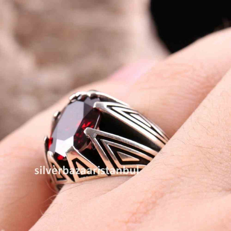 Turkish Handmade 925 Sterling Silver Red Ruby Stone Mens Ring silverbazaaristanbul 