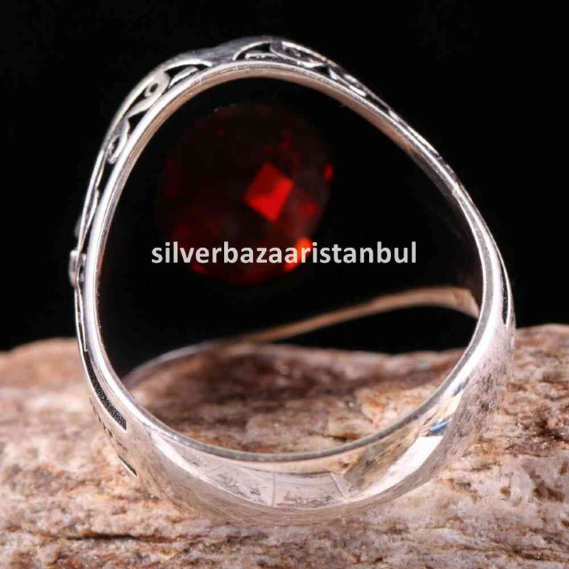 Turkish Handmade 925 Sterling Silver Red Ruby Stone Mens Ring silverbazaaristanbul 