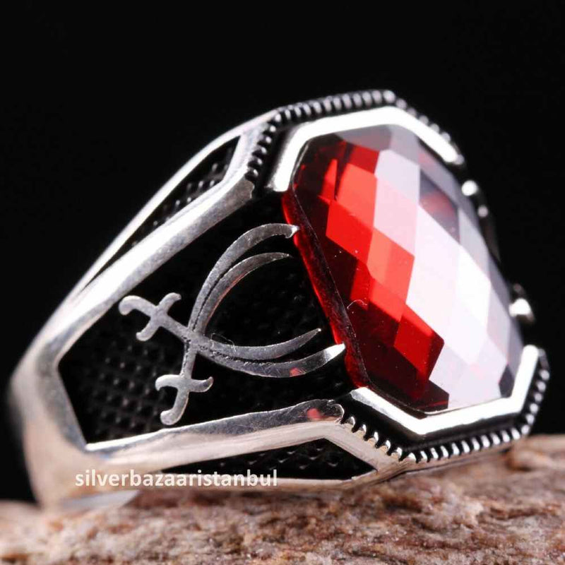 Turkish Handmade 925 Sterling Silver Red Ruby Stone Mens Ring silverbazaaristanbul 