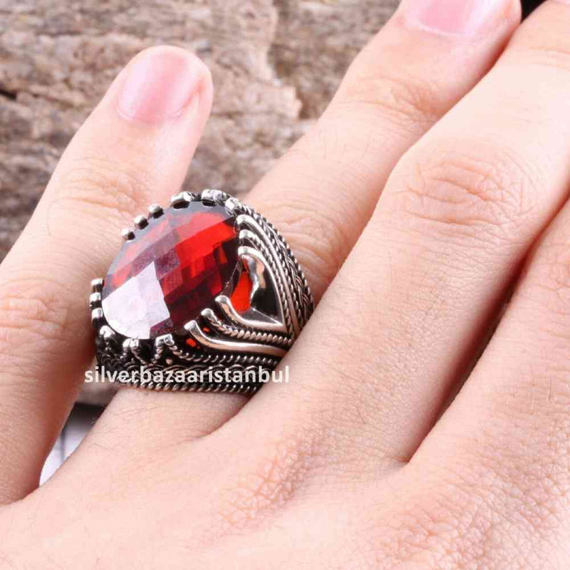 Turkish Handmade 925 Sterling Silver Red Ruby Stone Mens Ring silverbazaaristanbul 