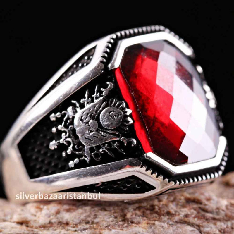 Turkish Handmade 925 Sterling Silver Red Ruby Stone Mens Ring silverbazaaristanbul 