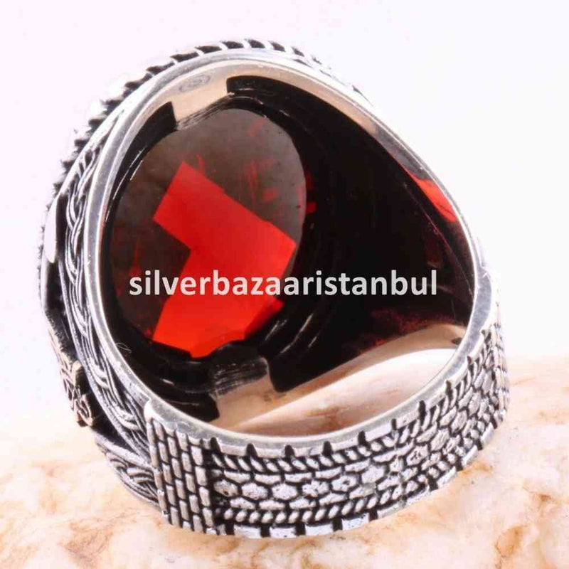 Turkish Handmade 925 Sterling Silver Red Ruby Stone Mens Ring silverbazaaristanbul 