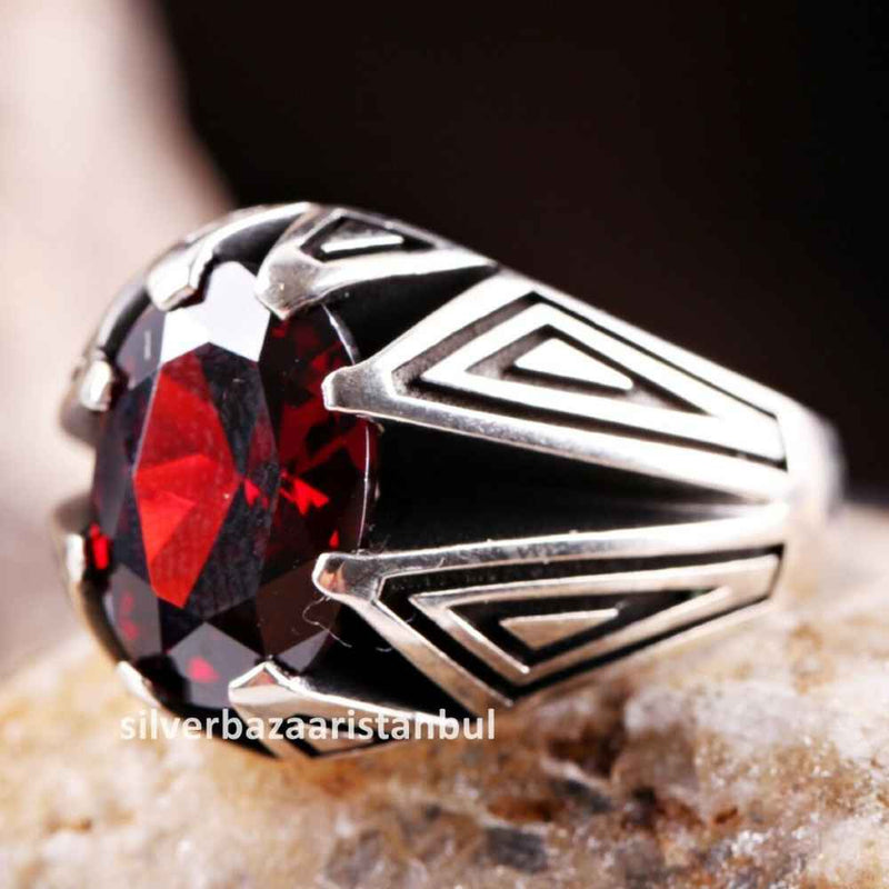 Turkish Handmade 925 Sterling Silver Red Ruby Stone Mens Ring silverbazaaristanbul 